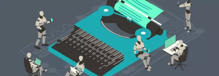 Robots working with a large typewriter and computers.