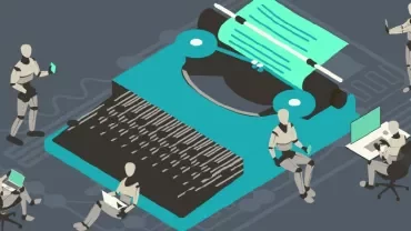 Robots working with a large typewriter and computers.