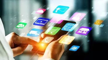Person using smartphone with app icons floating around.