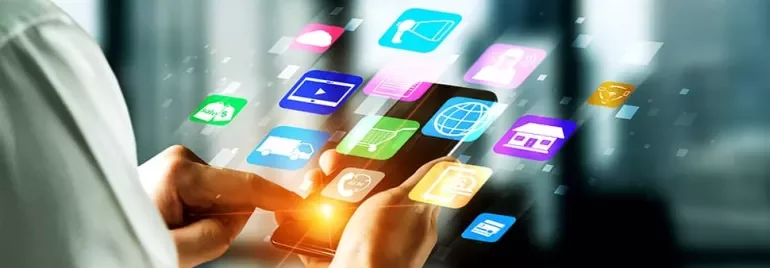 Person using smartphone with app icons floating around.