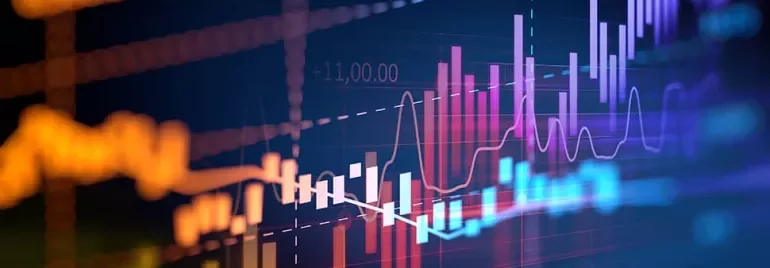 Colorful stock market chart with fluctuating lines and bars.