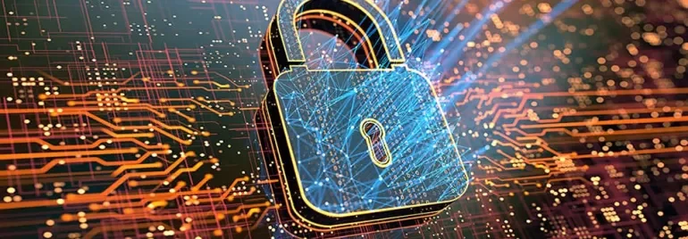 Digital padlock on a circuit board representing cybersecurity.