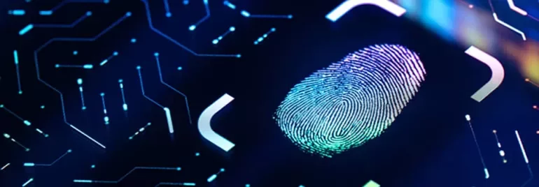 A digital fingerprint illuminated on a blue circuit board background.