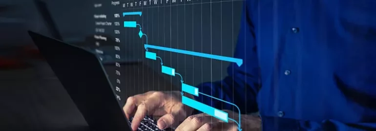Person typing on laptop with overlay of project management timeline and progress chart.