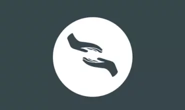 Icon of two hands reaching towards each other on a dark background.