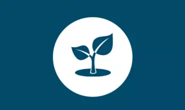 Icon of a young plant with two leaves inside a white circle on a blue background.