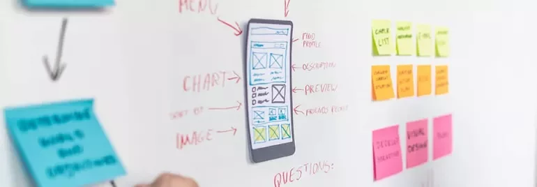 Design brainstorming with phone mockup on whiteboard and colorful sticky notes.
